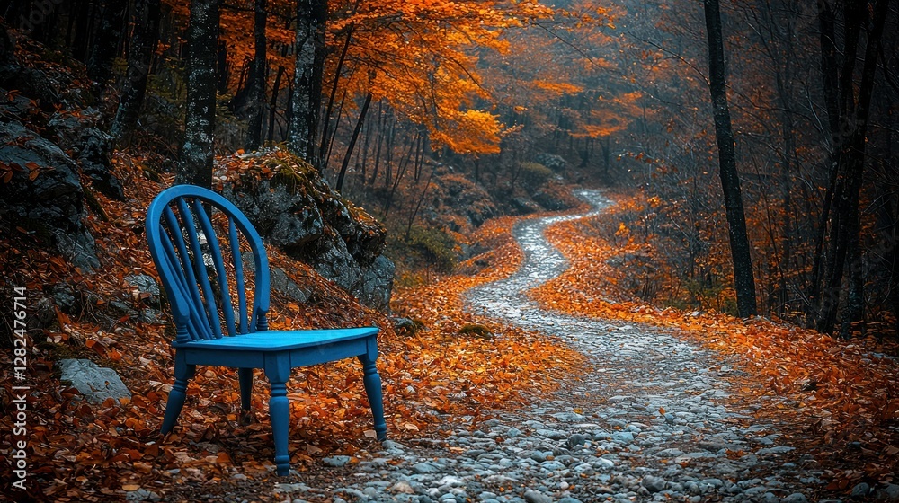 Fototapeta premium Blue Chair rests on path in Autumn woods. Serene landscape imagery