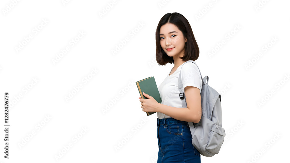 Young beautiful Asia college student with backpack and holding a book, isolated transparent background. Young beautiful Asia college student with backpack and holding a book, isolated transparent background.