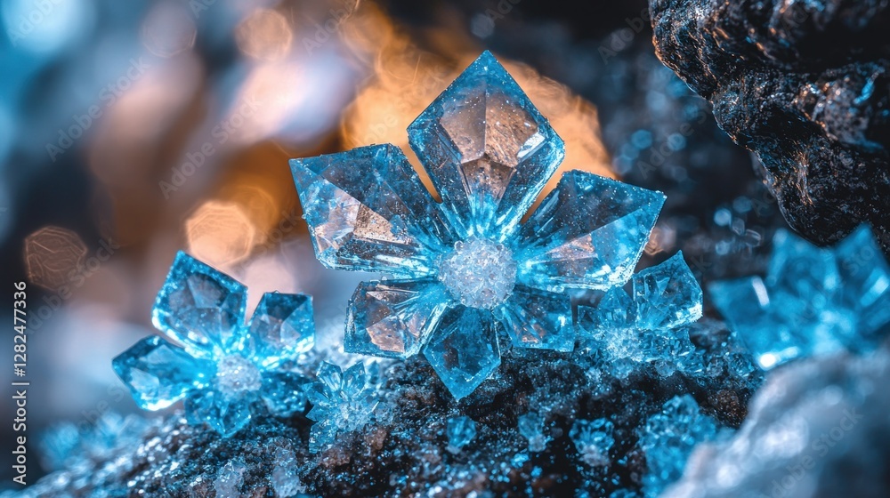 Obraz premium Blue crystal mineral growing on rock, used for geology study and jewelry design