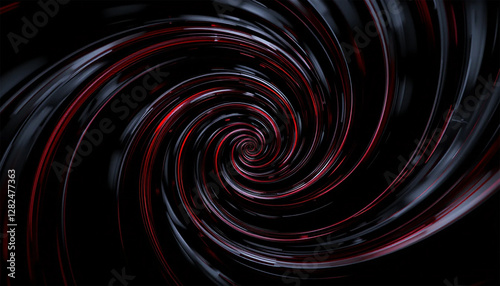Futuristic Abstract Spiral with Black and Red Swirl, Metallic Texture, and Glossy 3D Effect
