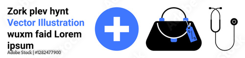Medical cross, doctors bag with tag, and stethoscope representing healthcare, emergency services, medical kits, first aid, treatment, medical practice, and preparedness in a flat landing page banner