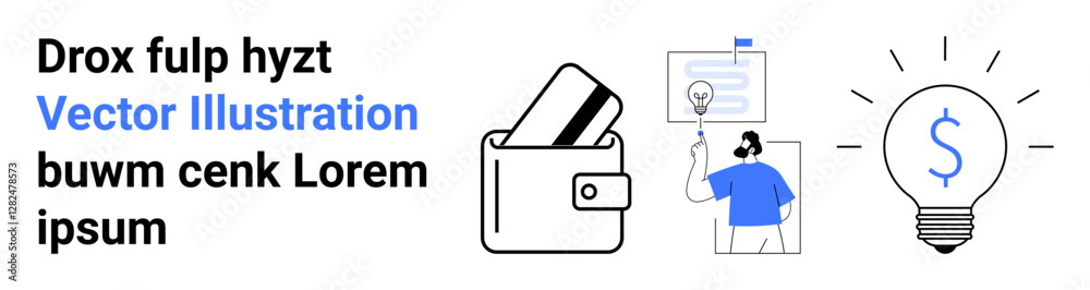 Wallet with cards, figure working on tablet, lightbulb symbol with dollar sign representing ideas and finance. Ideal for business, finance, creativity, innovation, savings, education marketing Wallet with cards, figure working on tablet, lightbulb symbol with dollar sign representing ideas and finance. Ideal for business, finance, creativity, innovation, savings, education marketing