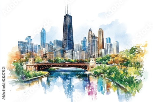Watercolor Chicago Skyline with River and Bridge. Possible use Background/wallpaper