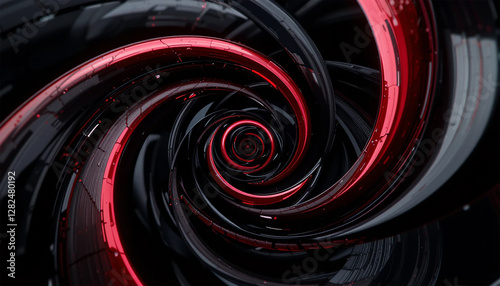 Futuristic Abstract Spiral with Black and Red Swirl, Metallic Texture, and Glossy 3D Effect