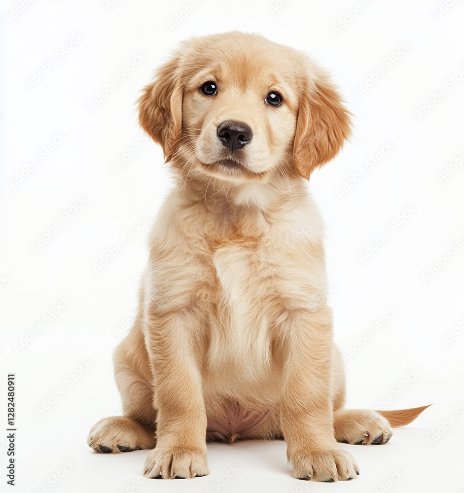 Fototapeta premium A cute Golden Retriever puppy sitting on the floor against a white background, in a photorealistic style