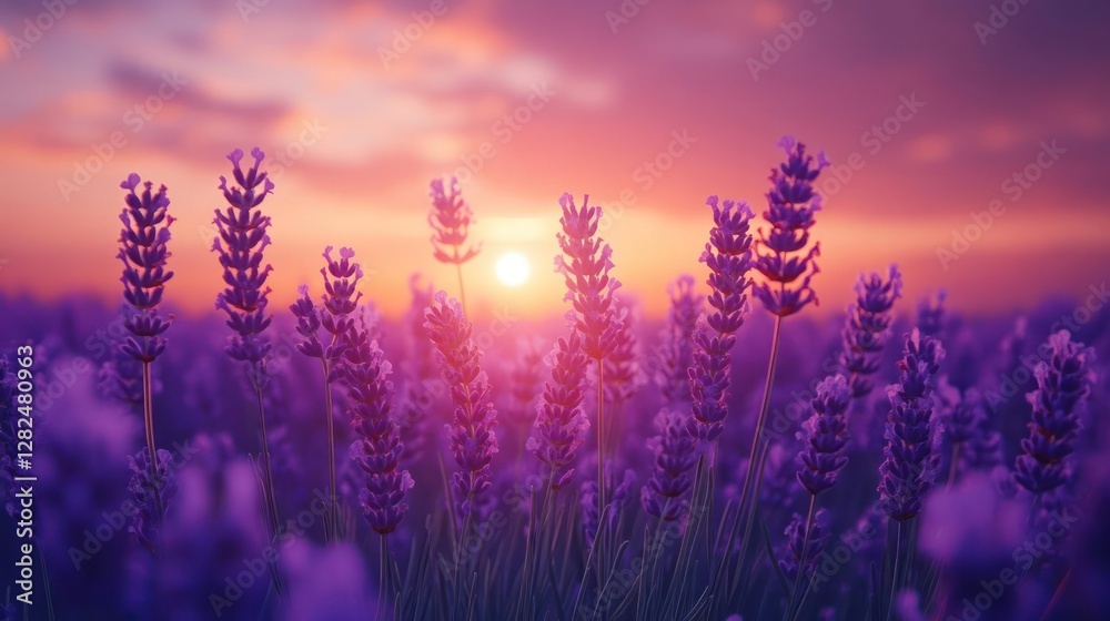 A serene scene of lavender flowers set against a vibrant sunset sky A serene scene of lavender flowers set against a vibrant sunset sky