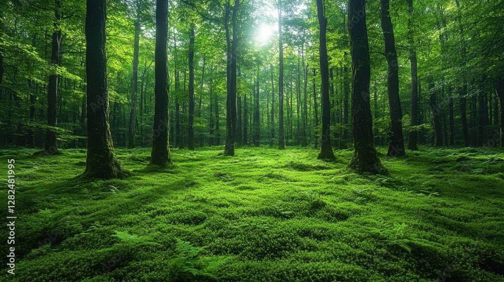 Fototapeta premium Lush green forest with vibrant grass and tall trees under a clear blue sky