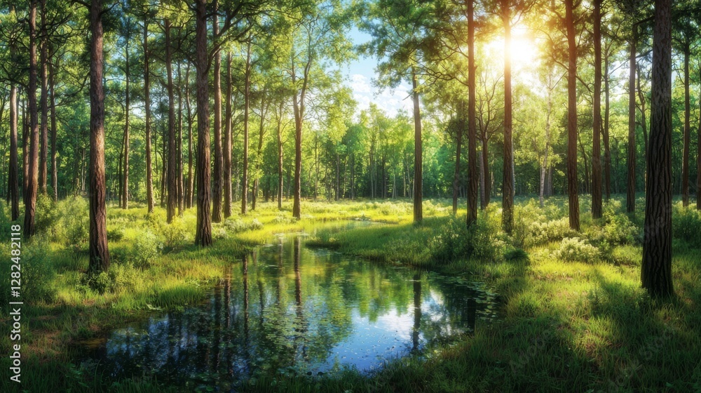 Tranquil Forest Landscape with Sunlight Shining through Trees and Reflecting on Calm Water Surface in Lush Green Environment Tranquil Forest Landscape with Sunlight Shining through Trees and Reflecting on Calm Water Surface in Lush Green Environment