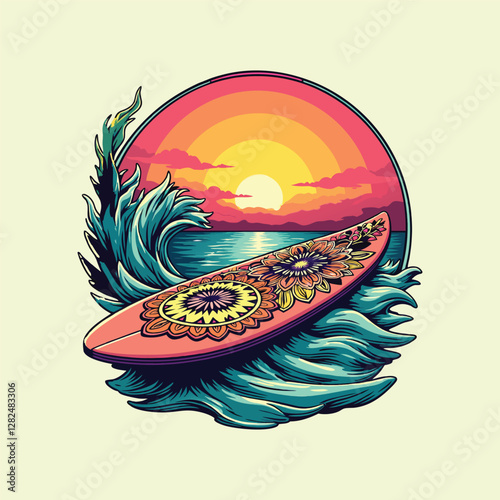 Surfing Vintage Summer t-Shirt Design, Surfer riding a colorful Surfboard, Surfing Game Illustration
