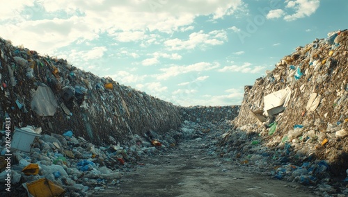 Landfill Waste Mountain Path Under Sunny Sky photo