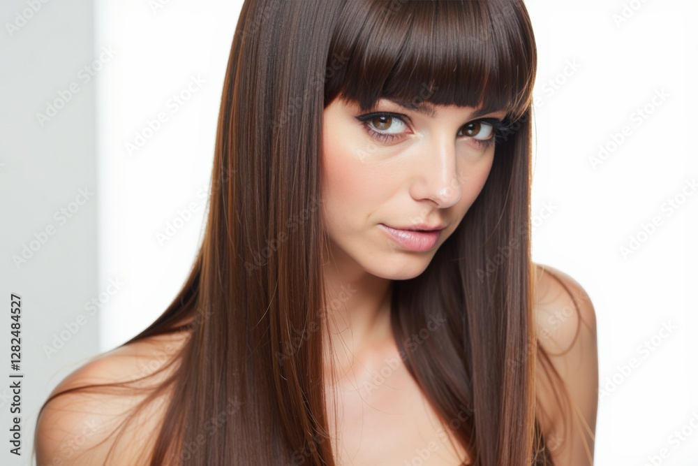 Portrait of a Young Caucasian Woman with Long, Straight Hair and Bangs, Captured with Natural Light for a Beauty Editorial Portrait of a Young Caucasian Woman with Long, Straight Hair and Bangs, Captured with Natural Light for a Beauty Editorial