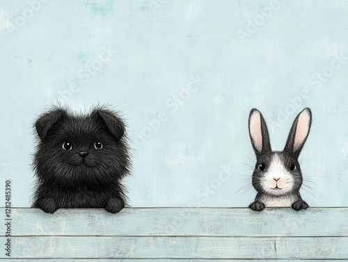 Cute Black Dog and Adorable Bunny Peeking Over a Wooden Surface