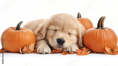 Golden Retriever puppy sleeping amidst pumpkins and autumn leaves