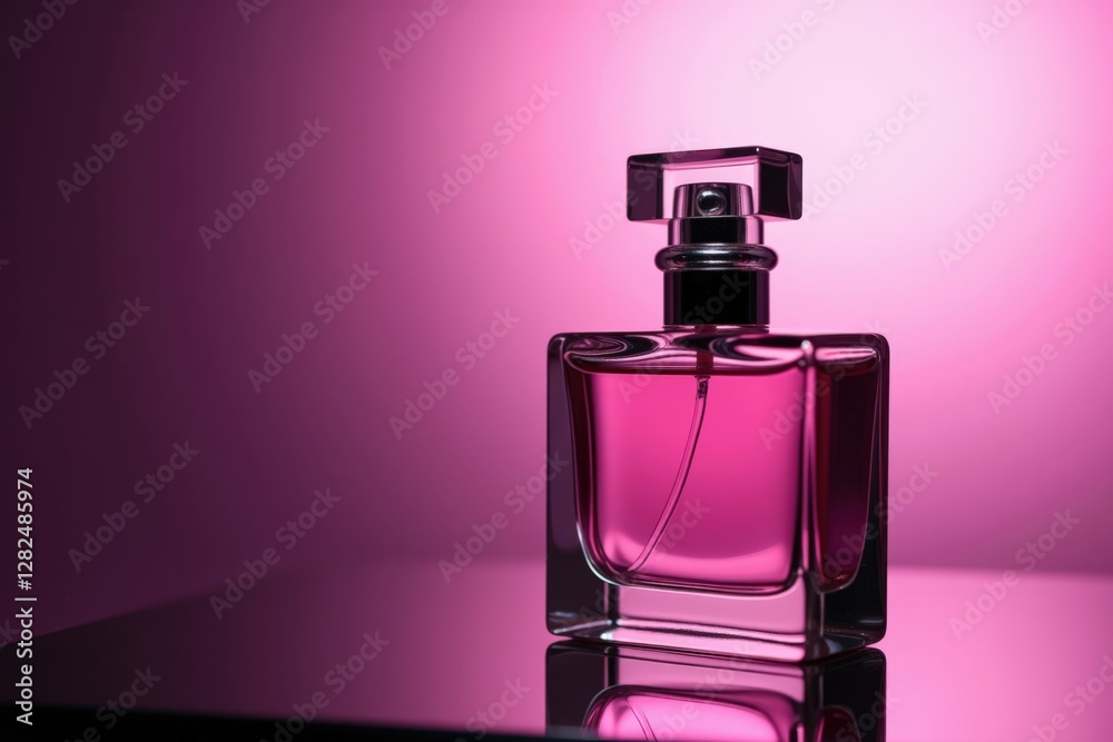 Elegant Pink Perfume Bottle on Glossy Surface with Soft Purple Lighting - A Captivating Display of Fragrance Artistry and Design Elegant Pink Perfume Bottle on Glossy Surface with Soft Purple Lighting - A Captivating Display of Fragrance Artistry and Design