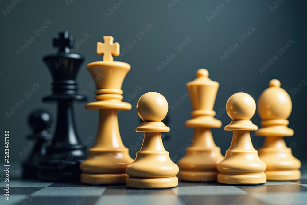 A Close-Up of Black and Yellow Chess Pieces on a Checkerboard with Focus on Strategic Elements of the Game, Highlighting Pawns and Kings A Close-Up of Black and Yellow Chess Pieces on a Checkerboard with Focus on Strategic Elements of the Game, Highlighting Pawns and Kings