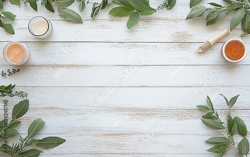 A top-view flat lay of spa and beauty elements on a white wooden background with copy space, perfect for creating an elegant banner design or promotional material for a wellness diagram stock photo