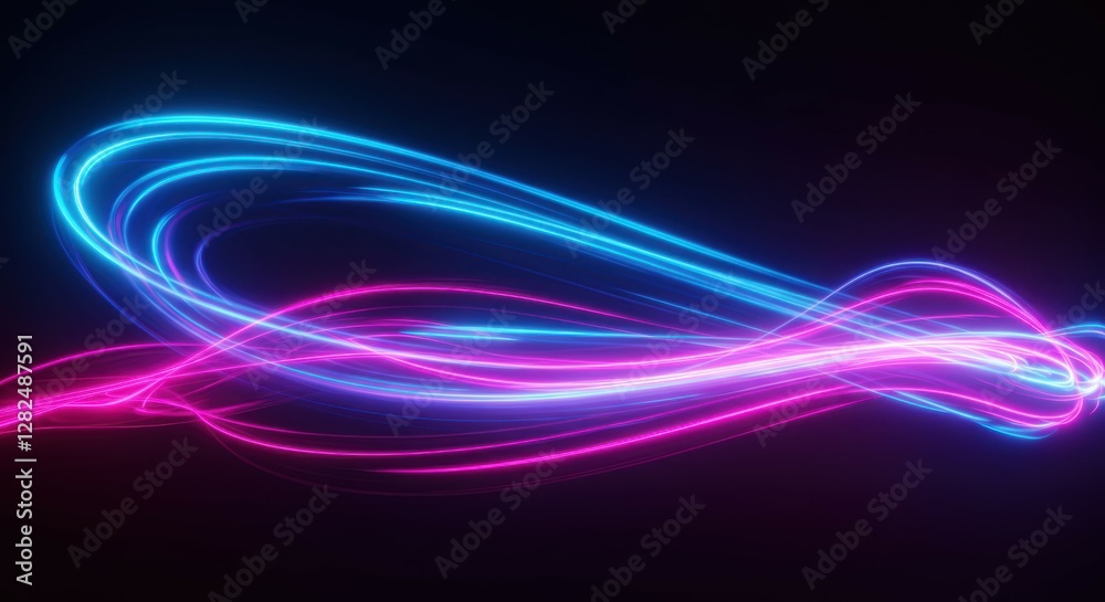 Naklejka premium neon infinity symbol, glowing light trails, blue and pink gradient, electric energy, 3D effect, dark background, futuristic, dynamic movement, abstract art, long exposure photography style, vibrant co
