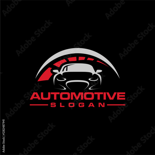 automotive logo design with car, speedometer and gear