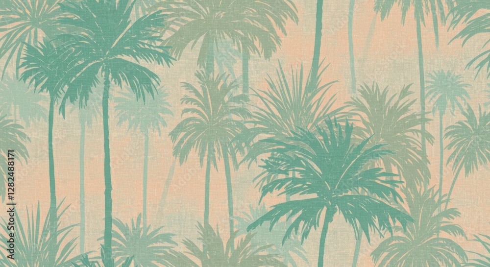 Tropical palm tree pattern, retro color palette, mint green and peach, seamless repeat design, vintage textile print, hand-drawn style, beachy vibes, pastel background, minimalist illustration, summer Tropical palm tree pattern, retro color palette, mint green and peach, seamless repeat design, vintage textile print, hand-drawn style, beachy vibes, pastel background, minimalist illustration, summer