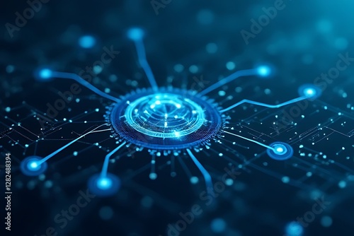 blue glowing central node connects to a technological network system. photo
