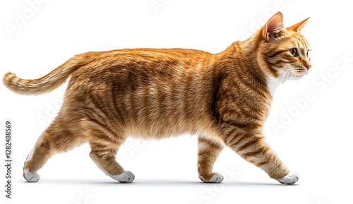 Ginger Cat Walking  Side Profile  Isolated White Background