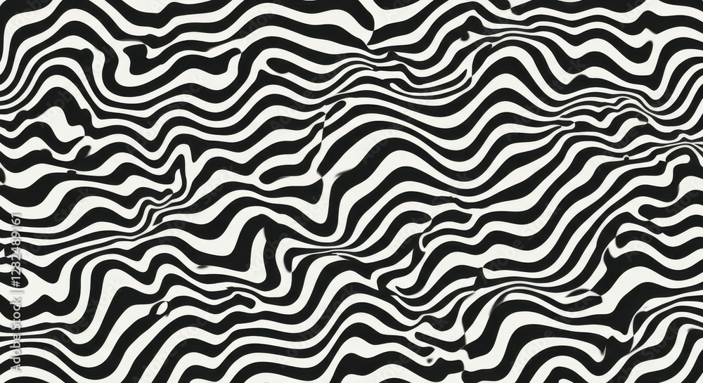Obraz premium Op art, zebra stripes, wavy lines, black and white pattern, distorted geometry, optical illusion, abstract design, hypnotic, psychedelic, high contrast, curved lines, fluid motion, seamless pattern, v