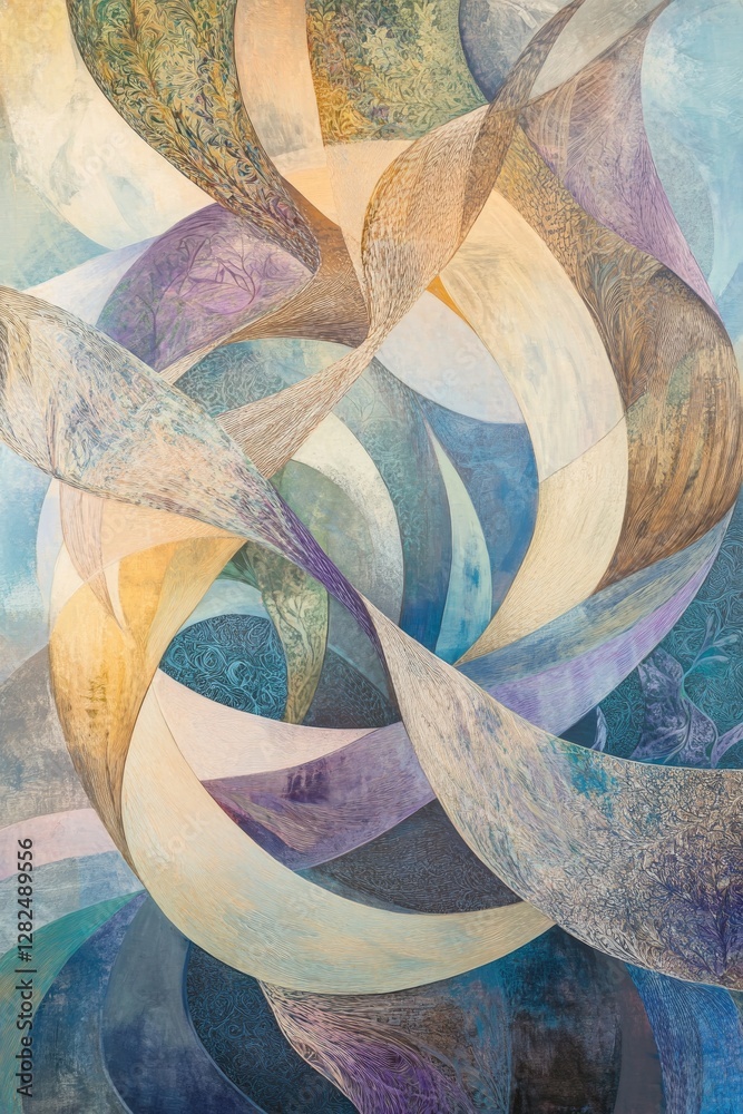 Obraz premium Abstract Art in Swirls of Purple, Yellow and Blue