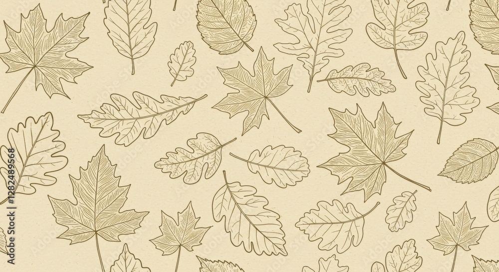 Fototapeta premium Botanical illustration, autumn leaves, hand-drawn style, sepia tones, repetitive pattern, oak leaves, maple leaves, vintage aesthetic, nature sketch, beige background, delicate line work, scientific i