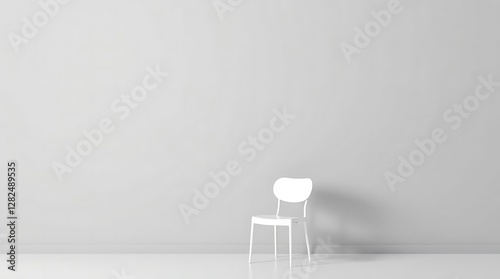 A minimalist black and white photograph depicting a single, stark white chair against a plain grey wall, sharp focus, high contrast, geometric composition.