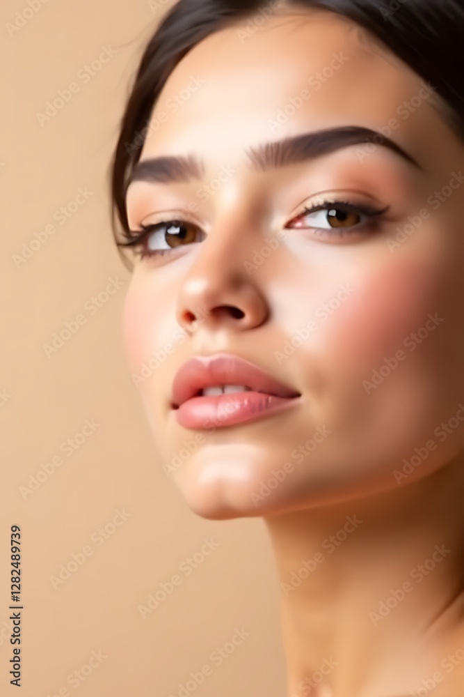 Fototapeta premium Close-up portrait of a young woman with flawless skin and subtle makeup.