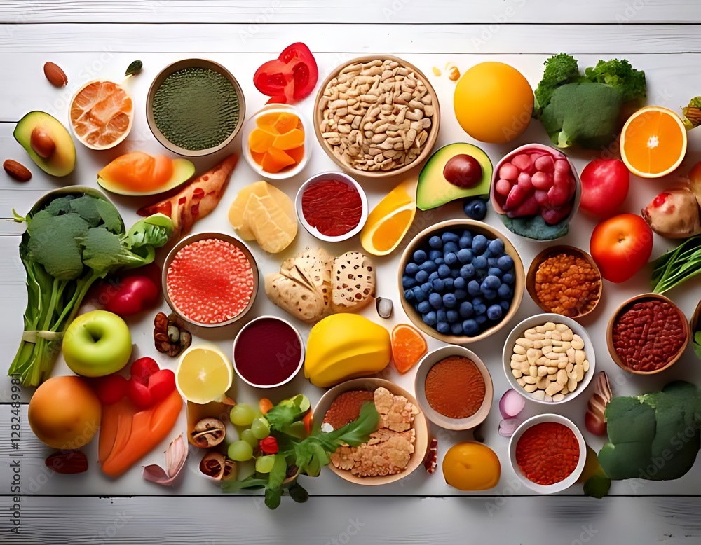colorful array of plant-based foods, including fruits, vegetables, nuts, and legumes. colorful array of plant-based foods, including fruits, vegetables, nuts, and legumes.