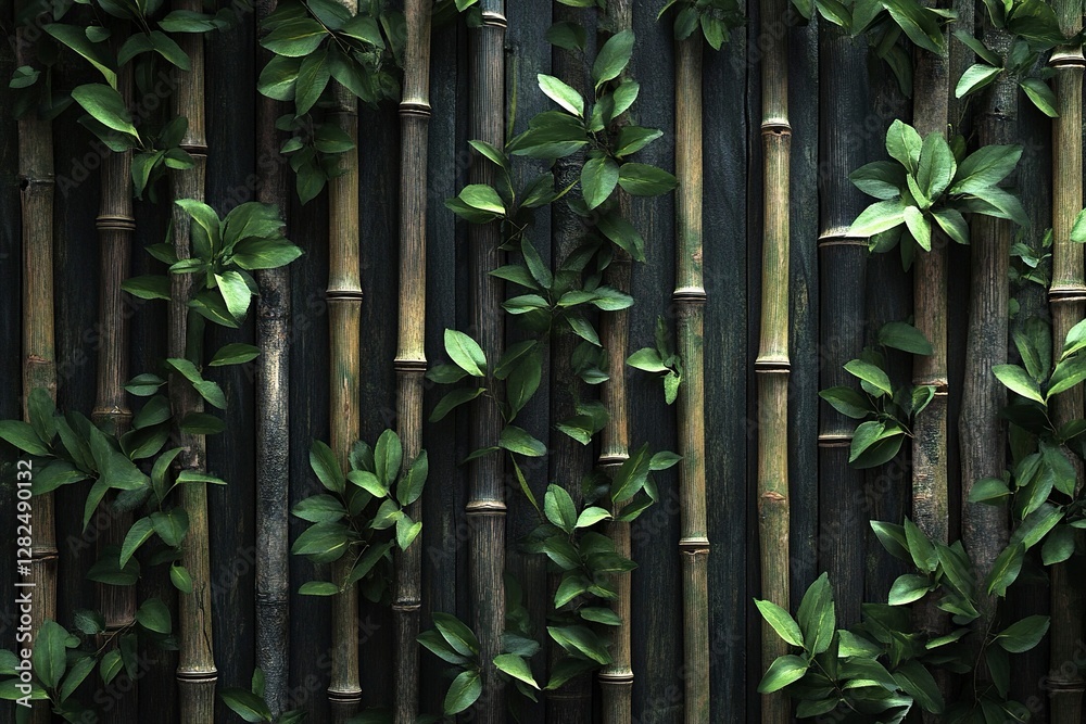 Obraz premium A wall of bamboo stalks with green leaves on the sides, creating an exotic and natural background. The texture is detailed and realistic, showcasing lush greenery against dark wood textures.
