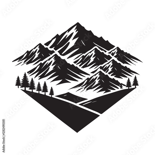 Mountain range silhouette  Silhouette Vector Illustration, Solid White Background.