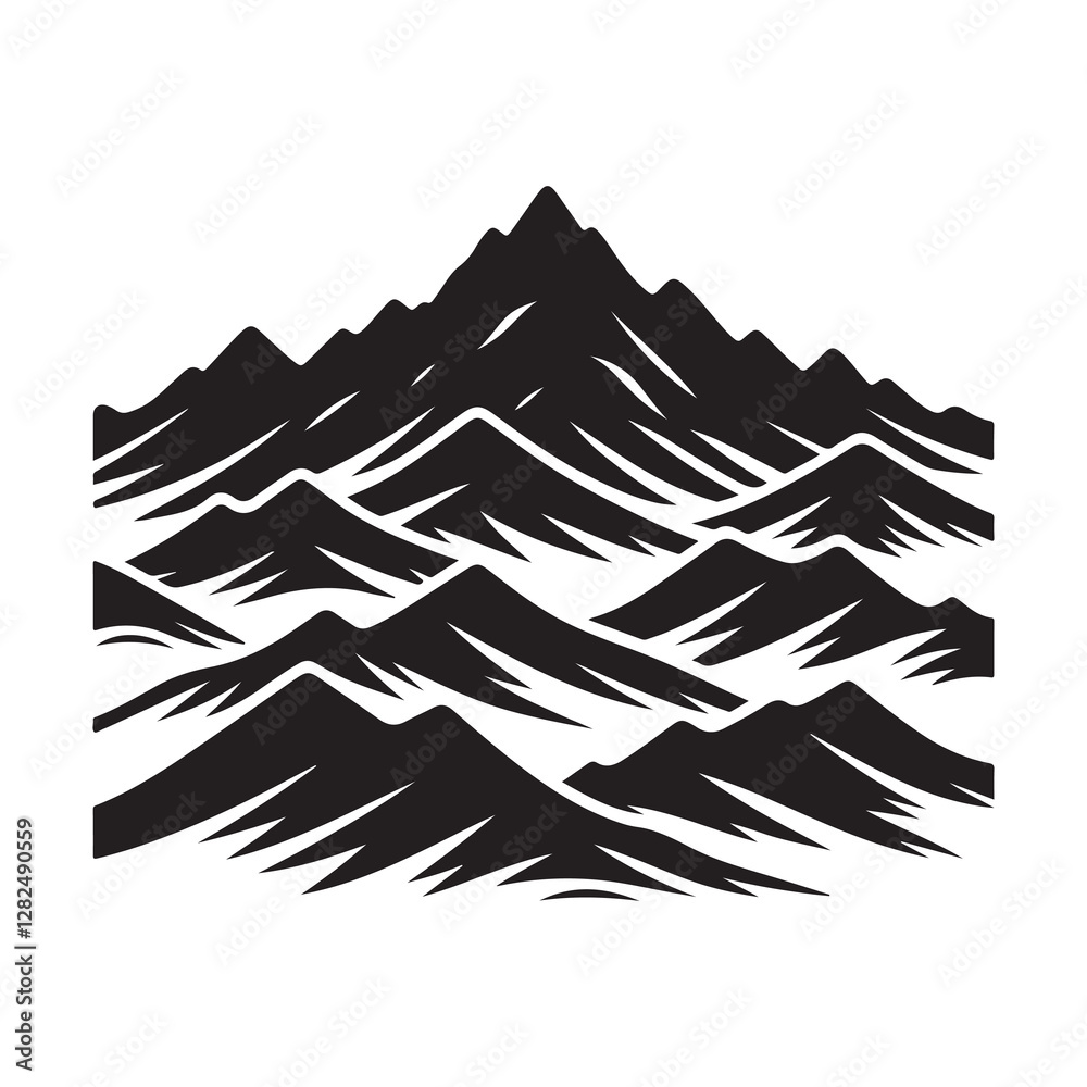 Obraz premium Mountain range silhouette Silhouette Vector Illustration, Solid White Background.