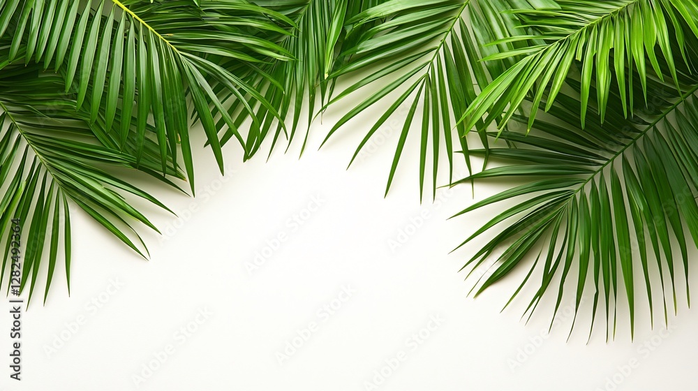 Lush green palm fronds frame white background; tropical summer design Lush green palm fronds frame white background; tropical summer design