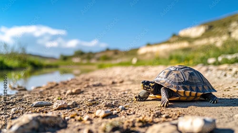 Obraz premium Tortoise rests peacefully with an octopus shadow, embodying solitude and calm joy.