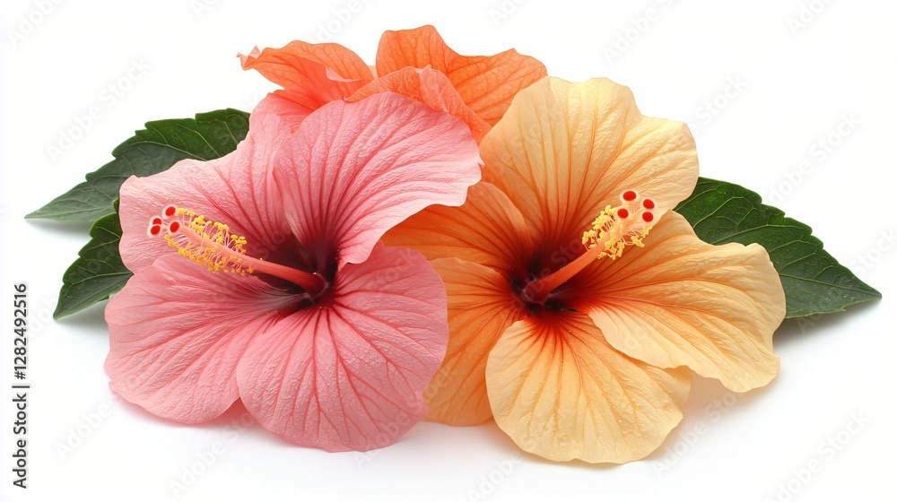 Pink and orange hibiscus flowers, white background. Floral arrangement, nature photography Pink and orange hibiscus flowers, white background. Floral arrangement, nature photography