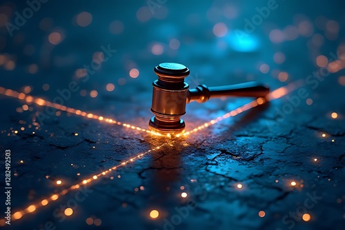 gavel rests on surface with glowing lines and bokeh effects.