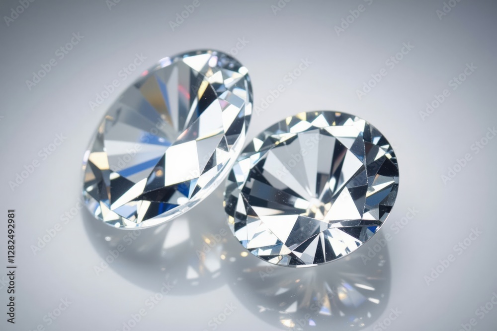 Precious Sparkling Diamonds: Close-Up View of Two Brilliant-Cut Diamonds on a Glossy Surface, Showcasing Their Radiance and Clarity Precious Sparkling Diamonds: Close-Up View of Two Brilliant-Cut Diamonds on a Glossy Surface, Showcasing Their Radiance and Clarity