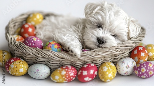 Fluffy puppy sleeps in Easter egg basket photo