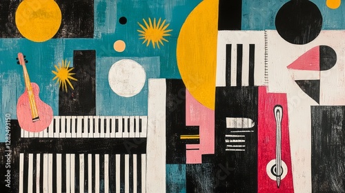 Abstract musical composition with guitar piano and celestial elements