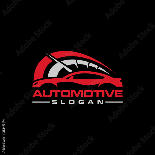 automotive logo design with car, speedometer and gear
