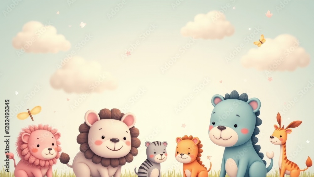 Fototapeta premium Cute baby wallpaper featuring cartoon animals like lions, a zebra, a bear, and a giraffe in a pastel-colored background with clouds and butterflies.