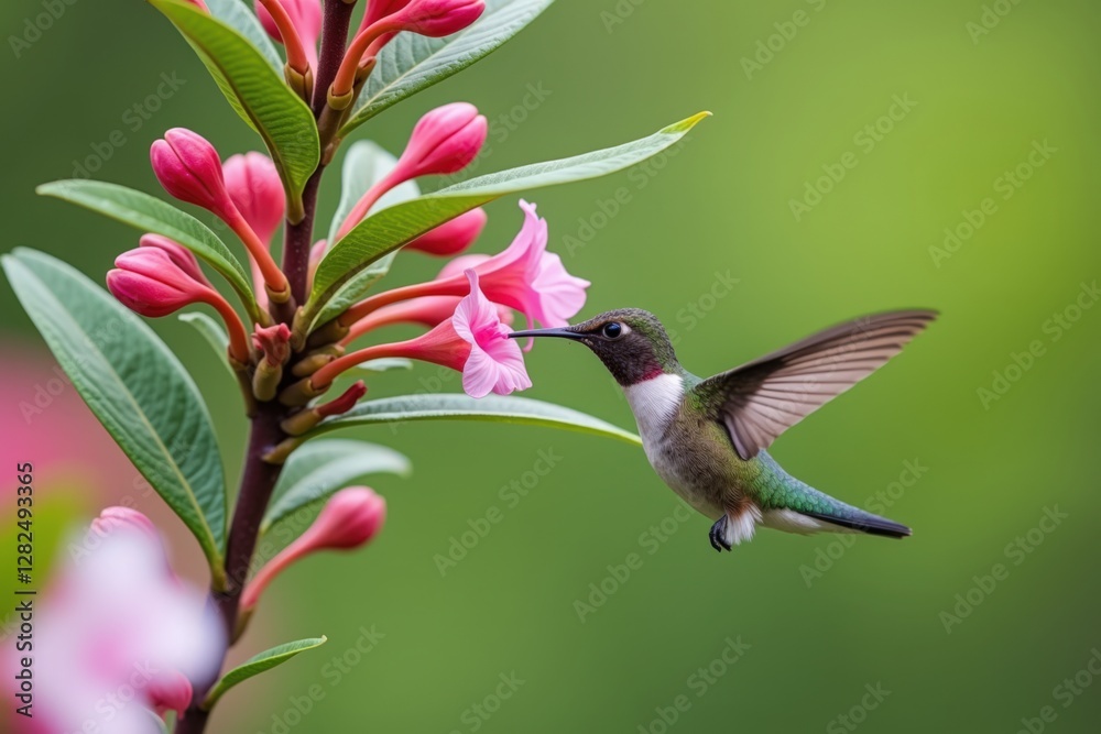 Fototapeta premium A Male Hummingbird Hovering Near Pink Flowers in a Vibrant Green Garden, Showcasing Its Colorful Plumage and Graceful Flight