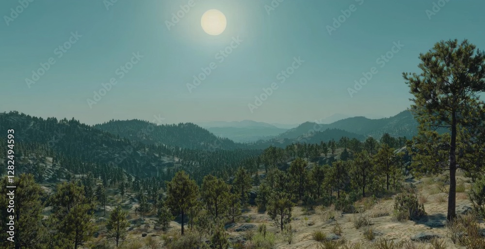 Obraz premium Serene Landscape with Clear Blue Sky and Sun over Rolling Hills and Pine Trees at Daytime