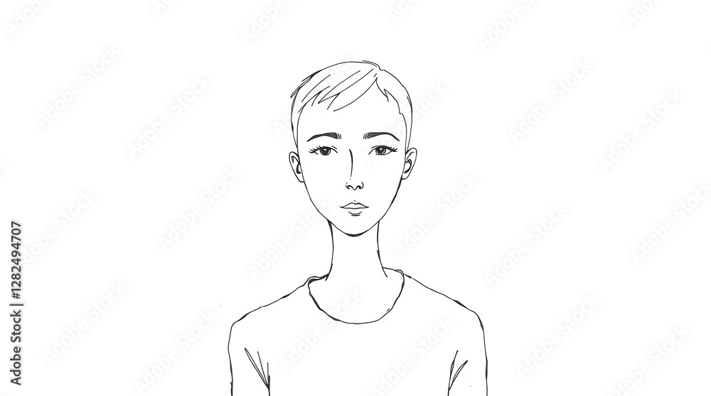 A minimalist line drawing, depicting a person with short hair, neutral facial features, and simple clothing, rendered in black ink on white paper, exhibiting fine lines and precise details, . A minimalist line drawing, depicting a person with short hair, neutral facial features, and simple clothing, rendered in black ink on white paper, exhibiting fine lines and precise details, .