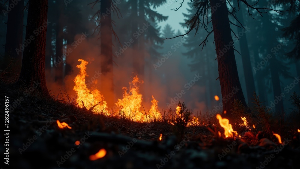 Obraz premium A blanket of fire spreads through the forest, engulfing the underbrush and trees in flames.