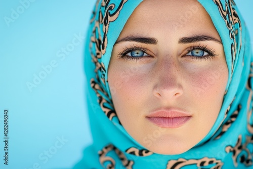 young woman with bright blue headscarf and blue eyes Nomadic desert outfit Morocco, merzouga Local traditional berber clothes Mysterious face