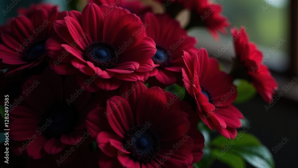 custom made wallpaper toronto digitalA close-up of vibrant burgundy flowers with dark centers, showcasing their rich color and intricate petal details.