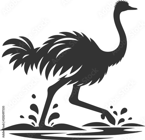 Ostrich crossing a small stream animal vector silhouette